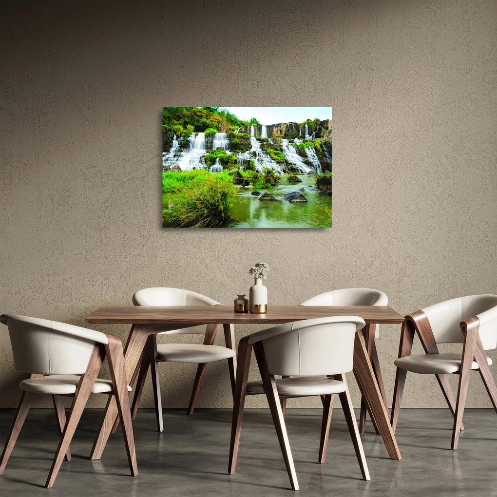 Obraz na szkle - wodospady z zielenią (70x50 cm)