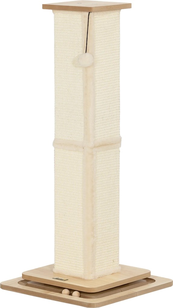 PawHut 3-w-1 Drapak z torami do zabawy, piłką i sizalem, do 10 kg, 39,5 x 39,5 x 87 cm, Dąb/Kremowy