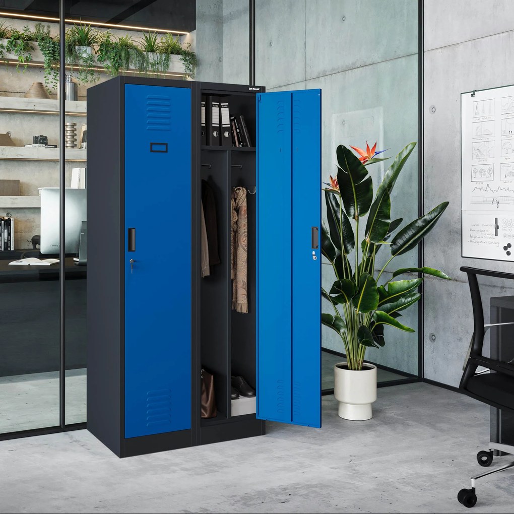Szafka ubraniowa BHP antracytowo-niebieska: czterokomorowa KACPER, 800 x 1800 x 500 mm