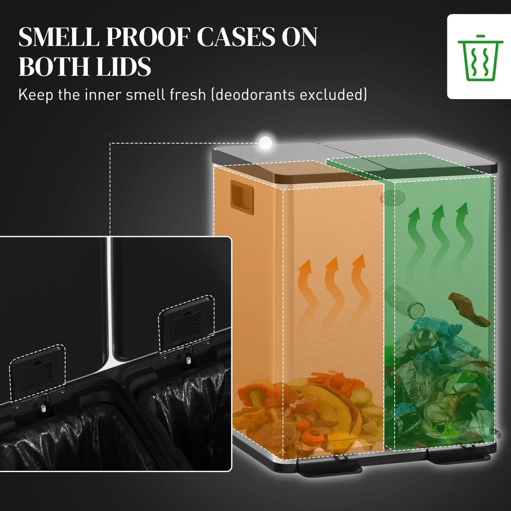HOMCOM 2 x 20 L podwójny kosz na śmieci, otwieranie pedałem, łatwe czyszczenie, stal nierdzewna, plastik, srebrny | Aosom PL