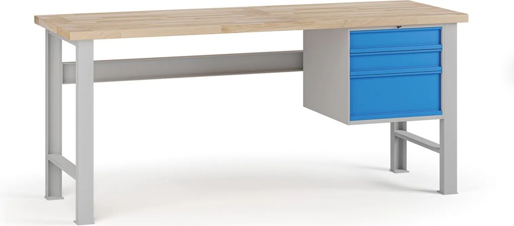 Stół warsztatowy G7, blat bukowy, 2000 x 800 x 840 mm, 1x kontener, 3x szuflada, niebieski
