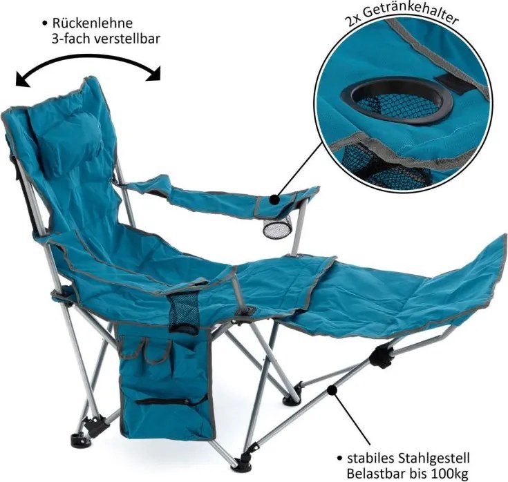 Krzesło kempingowe ze zdejmowanym podnóżkiem, niebieskie