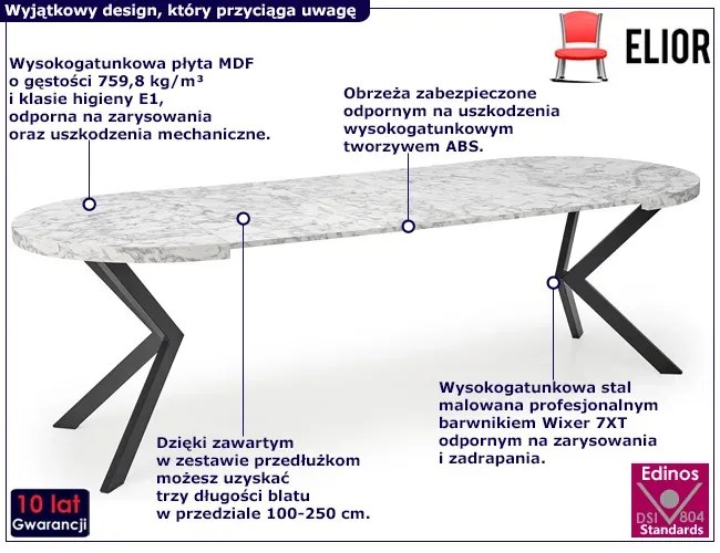 Okrągły marmurkowy stół rozkładany na czarnej podstawe - Revlos