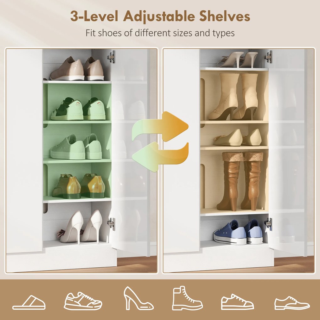 HOMCOM Szafka na buty z 10 półkami na 25-30 par butów, Otwory wentylacyjne, Drzwi z funkcją Soft-Close, MDF, Biały