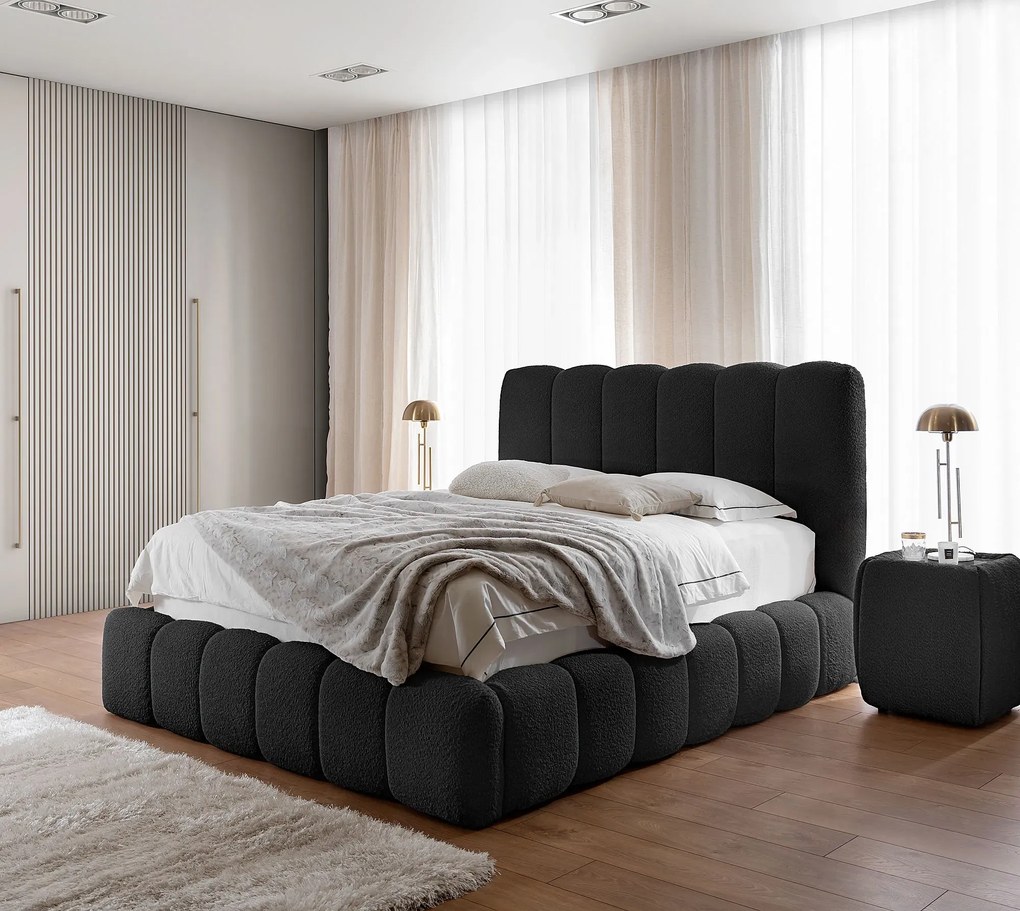 Czarne łóżko tapicerowane tkaniną boucle 5 rozmiarów N3-E66