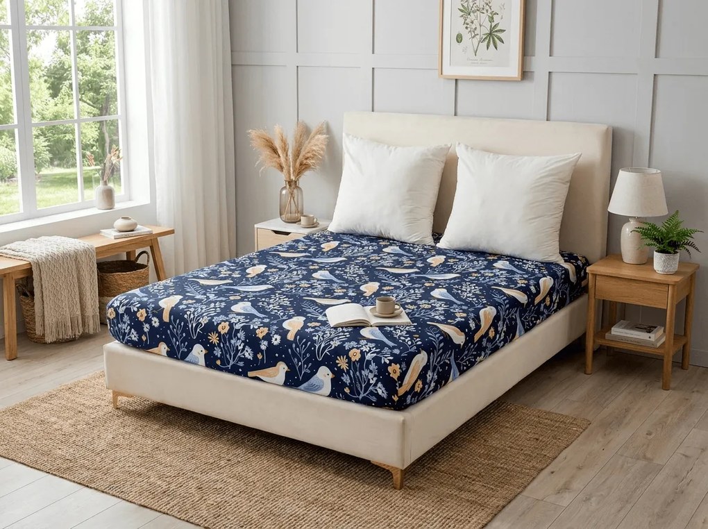 PrzytulneMieszkanie.pl Prześcieradło z mikrofibry DENIM BIRDS niebieskie 180x200 cm