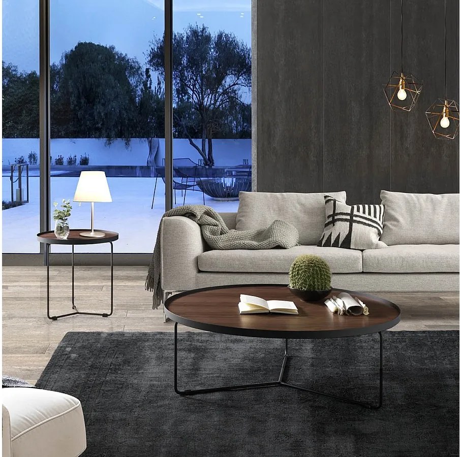 Okrągły stolik kawowy z orzecha włoskiego i czarnej stali 2006 ANGEL CERDA