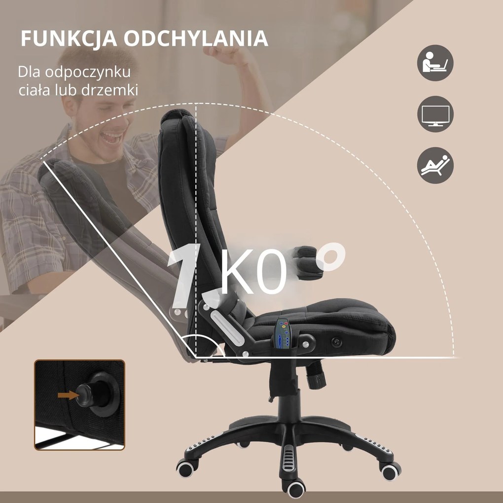 Vinsetto Fotel biurowy ergonomiczny z masażem regulowany fotel gamingowy udźwig 120 kg czarny | Aosom PL