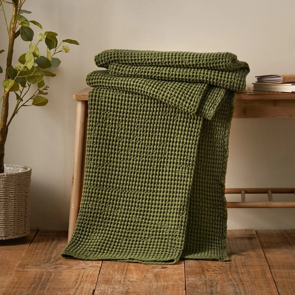 Zielony bawełniany koc 150x200 cm Jaipur Chunky Waffle – Pineapple Elephant