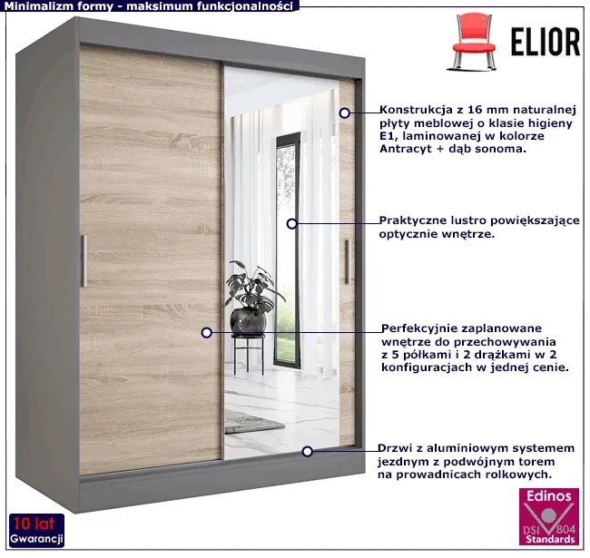 Szafa przesuwna antracyt + dąb sonoma 150 cm - Massi 4X