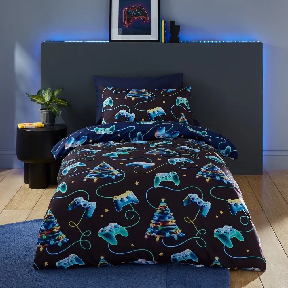 Czarno-niebieska pościel dwuosobowa 200x200 cm Christmas Gamer – Catherine Lansfield