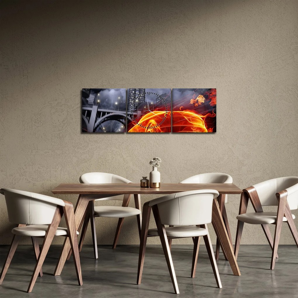 Obraz płonącego samochodu (z zegarem) (90x30 cm)