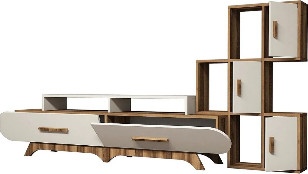 Nowoczesna szafka RTV z półką ścienną – 205 x 50 x 36,8 cm – Orzech i krem ​​– Powłoka melaminowa w 100%