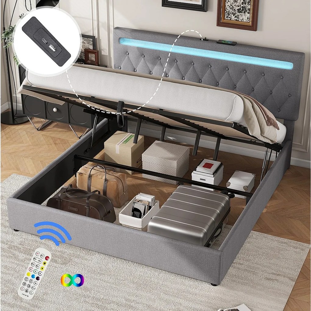 Łóżko ze schowkiem 180x200 cm - Szary len - łóżko dwuosobowe z oświetleniem LED i ładowaniem przez USB - bez podstawy