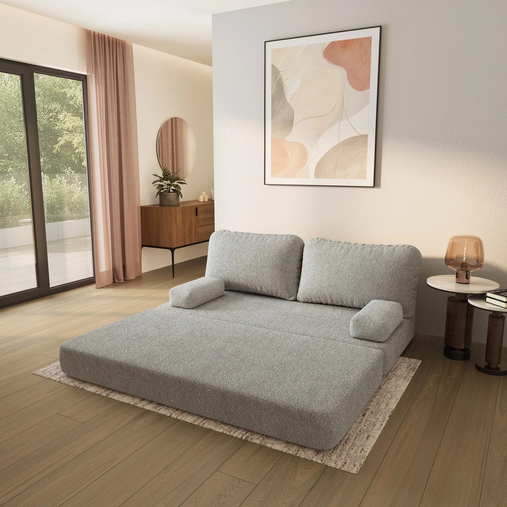 Masseno Sofa piankowa NIKSI z funkcją spania, Kanapa z pianki do salonu, Bezmontażowa, Tkanina bucle – Jasnoszary QUELLE 83