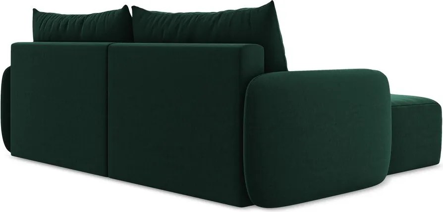 Ciemnozielony aksamitny rozkładany narożnik ze schowkiem (lewostronny/z szezlongiem) Kalena – Makamii