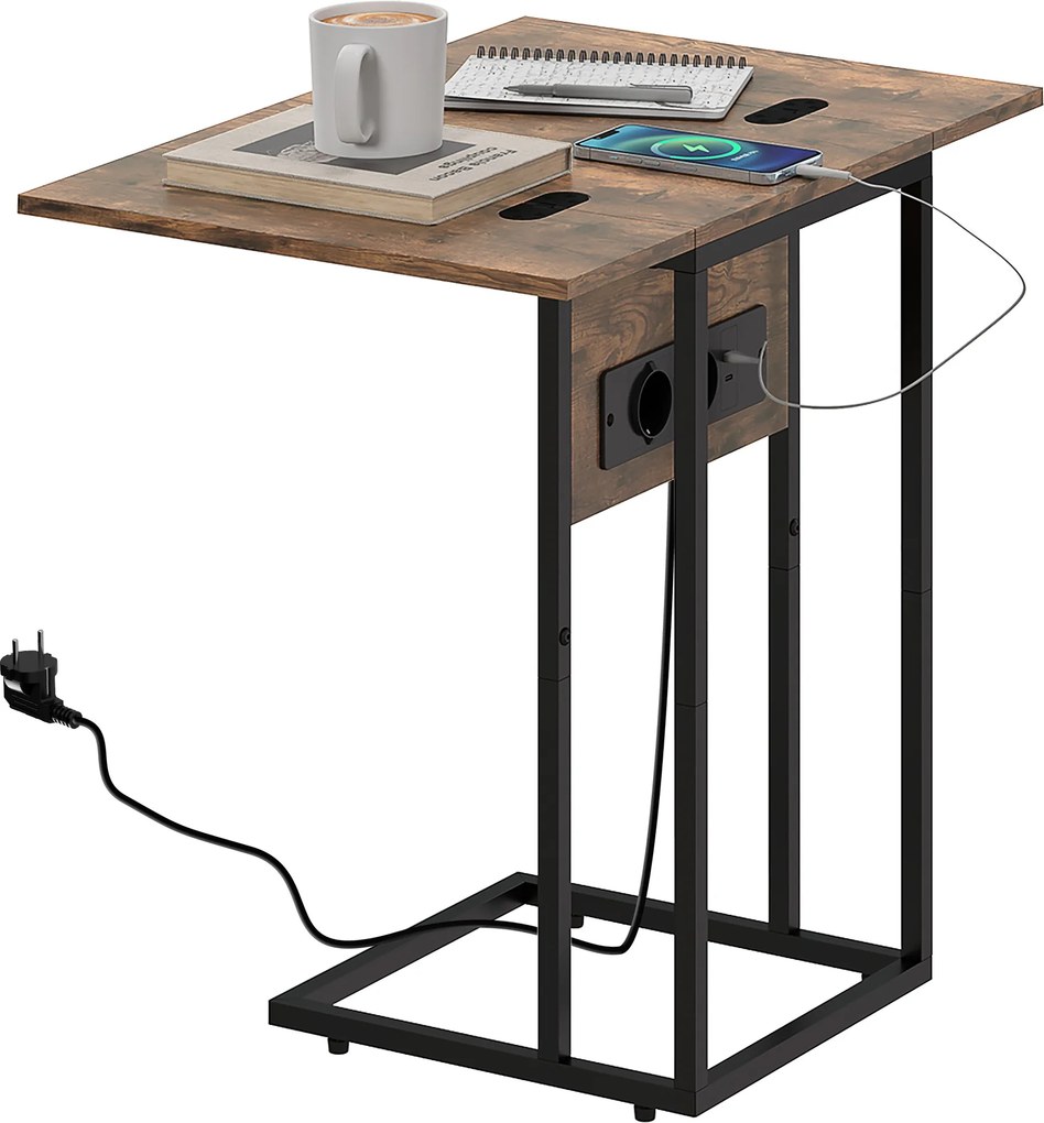 HOMCOM składany stolik boczny, stacja ładująca z portami USB, metal, 39 x 29 x 57 cm, brązowy