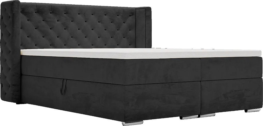 Emporius Valencia Box łóżko kontynentalne 160x200 - topper, materac H3, pojemnik - łóżko małżeńskie, tkanina aksamitna, czarny (Magic Velvet 2219)