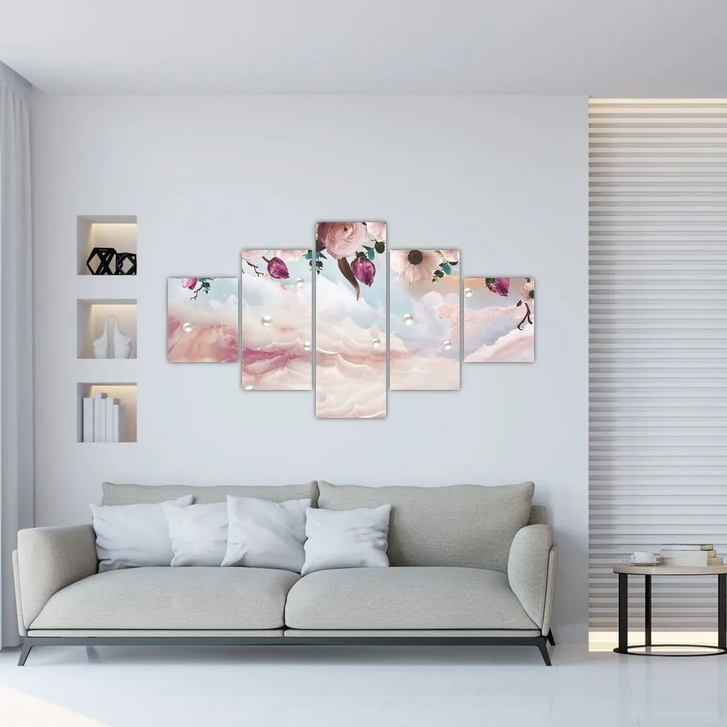 Obraz różowych kwiatów z różowym marmurem (125x70 cm)