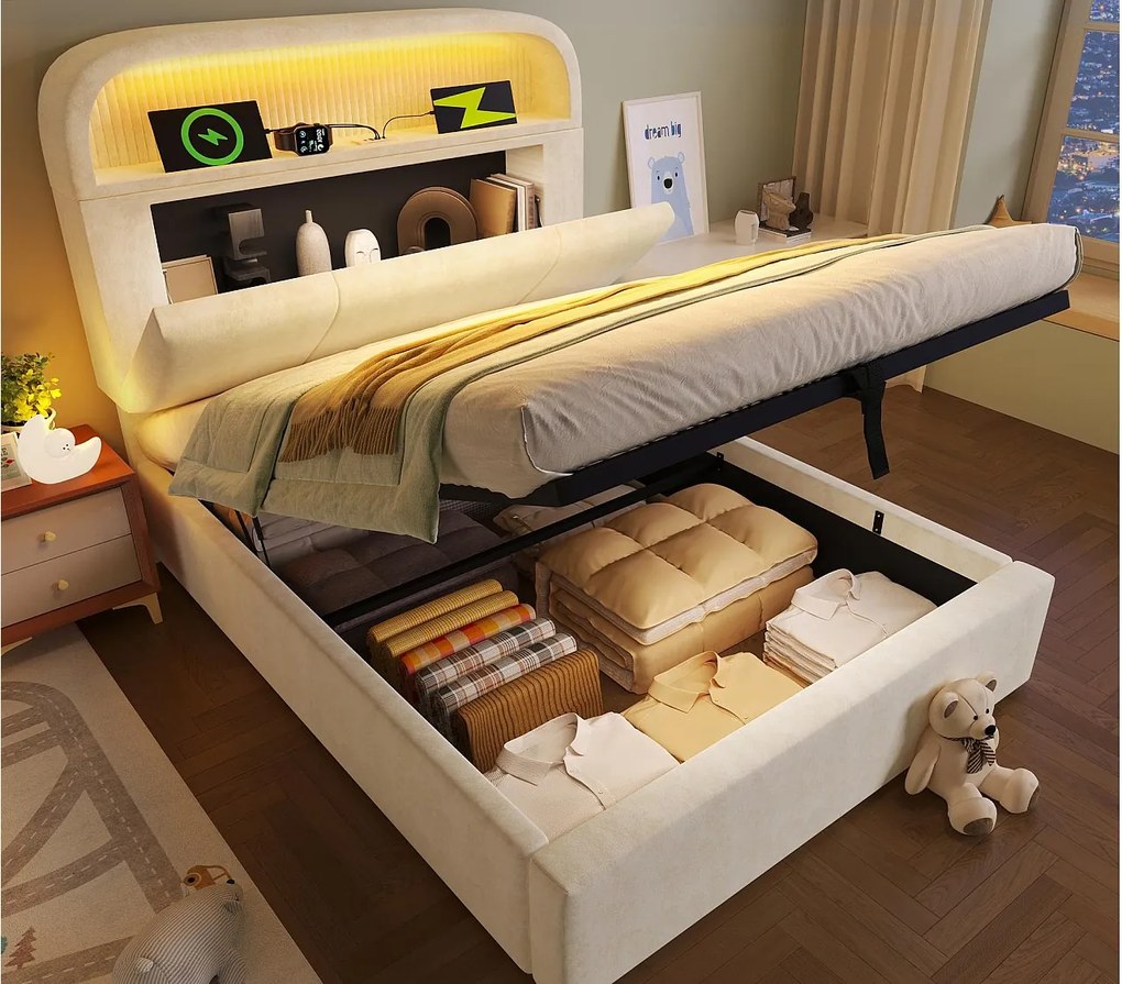 Tapicerowane łóżko z pojemnikiem 90x200 cm - z oświetleniem LED - z portami USB i Type-C - z regulowanym wezgłowiem - welur - Beżowy