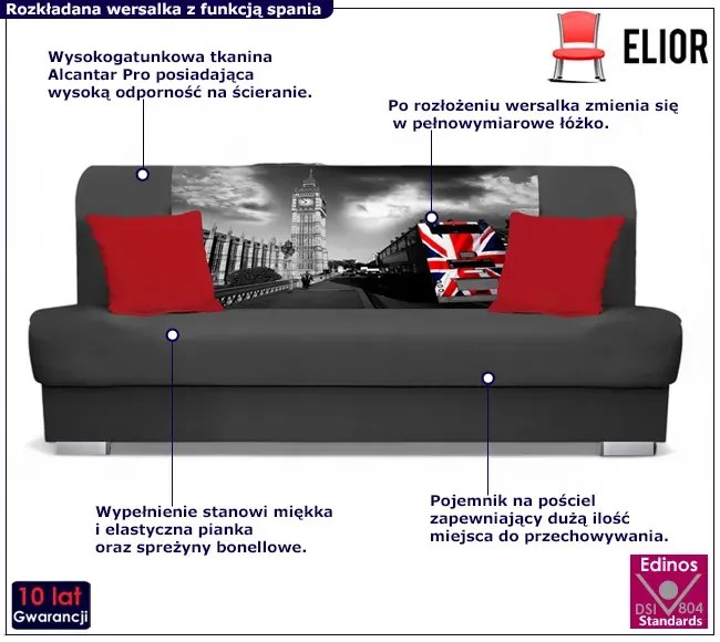 Szara wersalka rozkładana z motywem Londynu - Piovia 6X