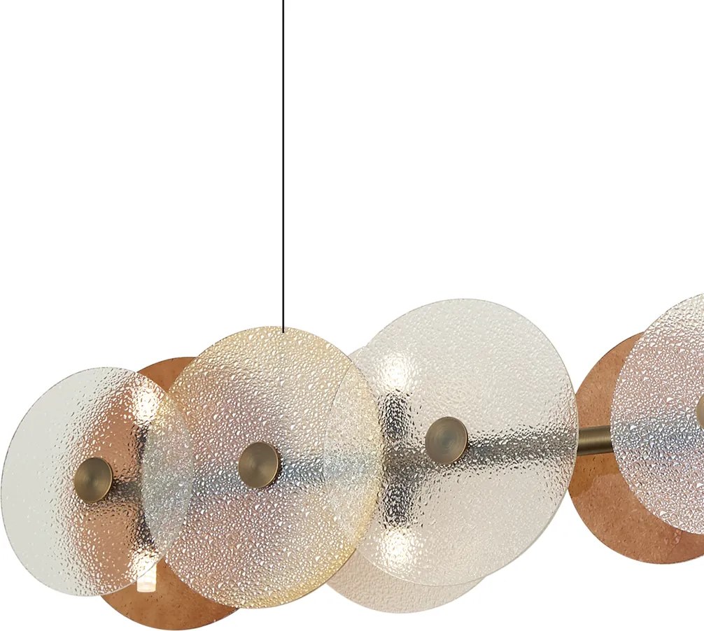 Lampa wisząca Art Deco brązowa z bursztynowym szkłem, liniowa, 8-punktowa - Text