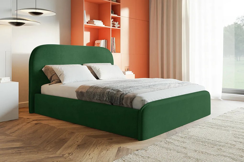 Łóżko tapicerowane 160x200 Wendra - stelaż drewniany, okrągłe zagłowie, welur - zielony (Amor Velvet 4311)