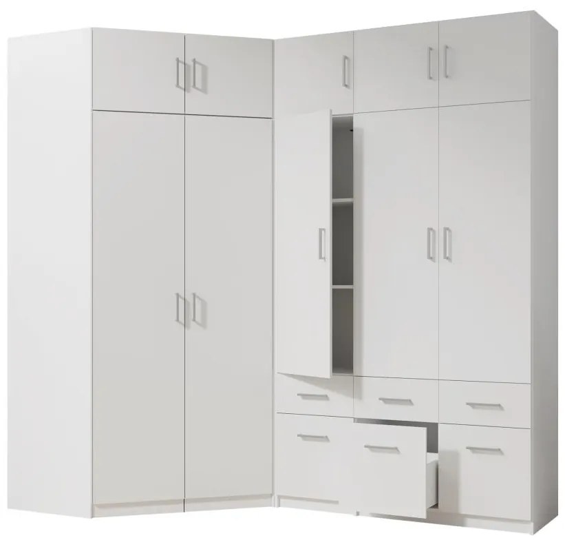 Szafa narożna 5-drzwiowa z 6 szufladami - szer. 254 cm - Biały + Nadstawki - BELOMY