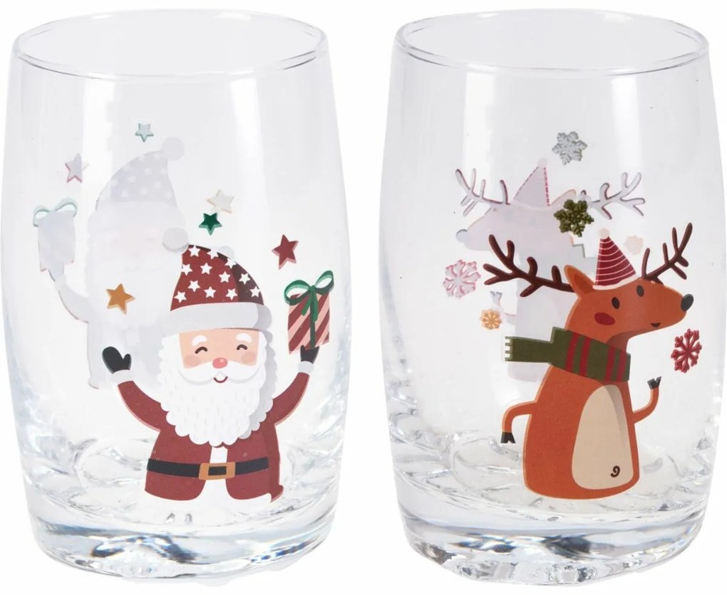 Zestaw 2 świątecznych szklanek Św. Mikołaj i Renifer, 250 ml