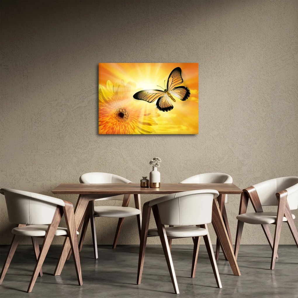 Obraz - Żółty motyl z kwiatkiem (70x50 cm)