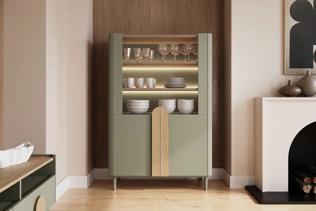 Witryna Amilio do salonu 100 cm na nóżkach - eukaliptus / dąb baltic dune / uchwyty dąb naturalny