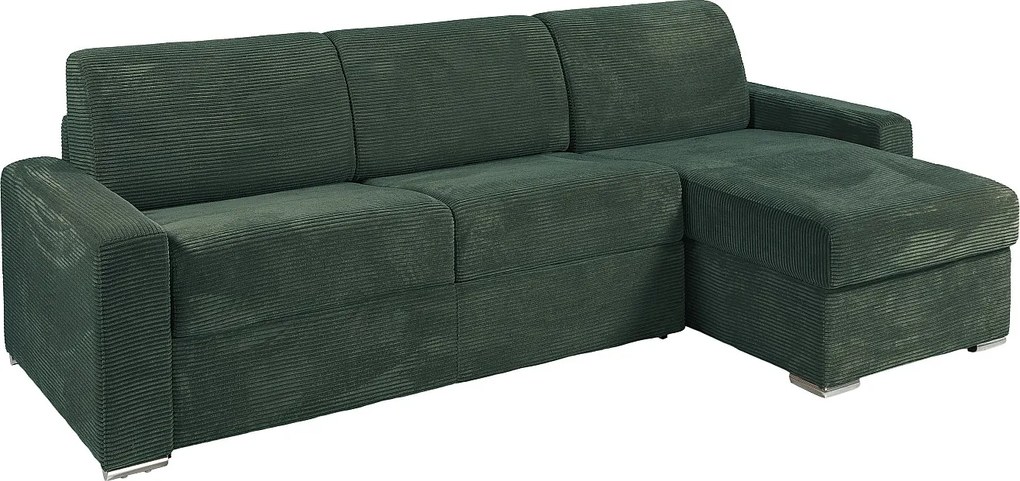 Kanapa narożna rozkładana welurowa z zielonego sztruksu - Powierzchnia spania na szerokich listwach 140 cm - Materac 14 cm - CALITO