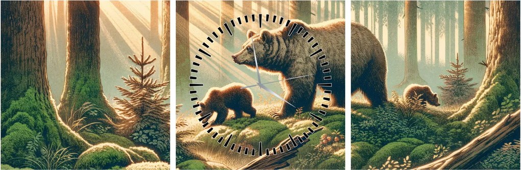 Obraz - Niedźwiedzie w lesie (z zegarem) (90x30 cm)