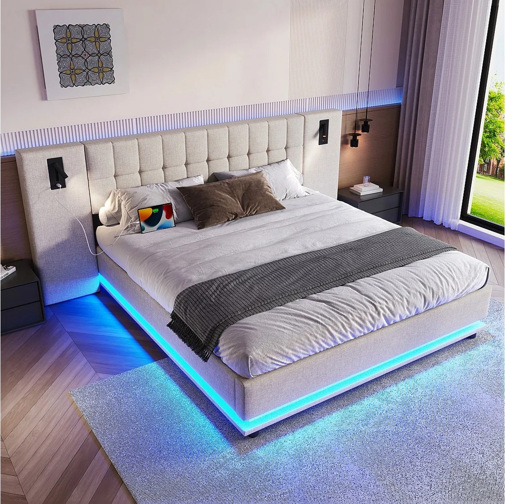 Łóżko dla dorosłych 180x200 cm Łóżko podwójne z listwą świetlną LED i lampką do czytania, USB - Len Beżowy (bez materaca)