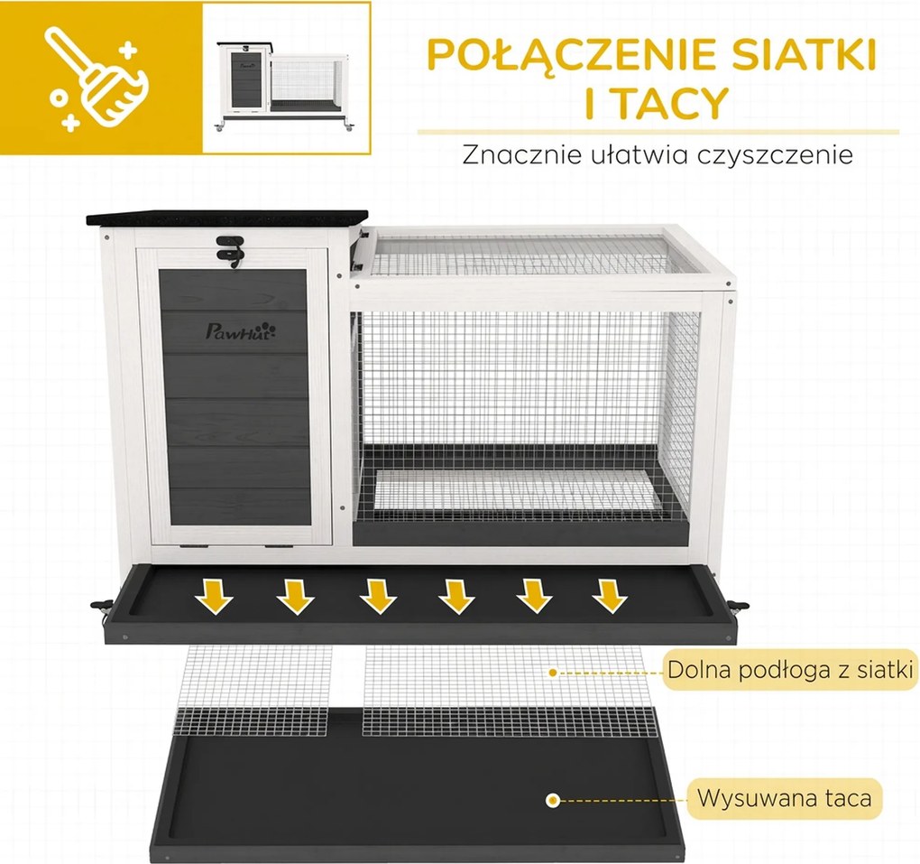 Drewniana klatka dla królików PawHut z wybiegiem i kółkami, otwieranym dachem, dla użytku zewnętrznego i wewnętrznego 92 x 52 x 67 cm, Ciemnoszara