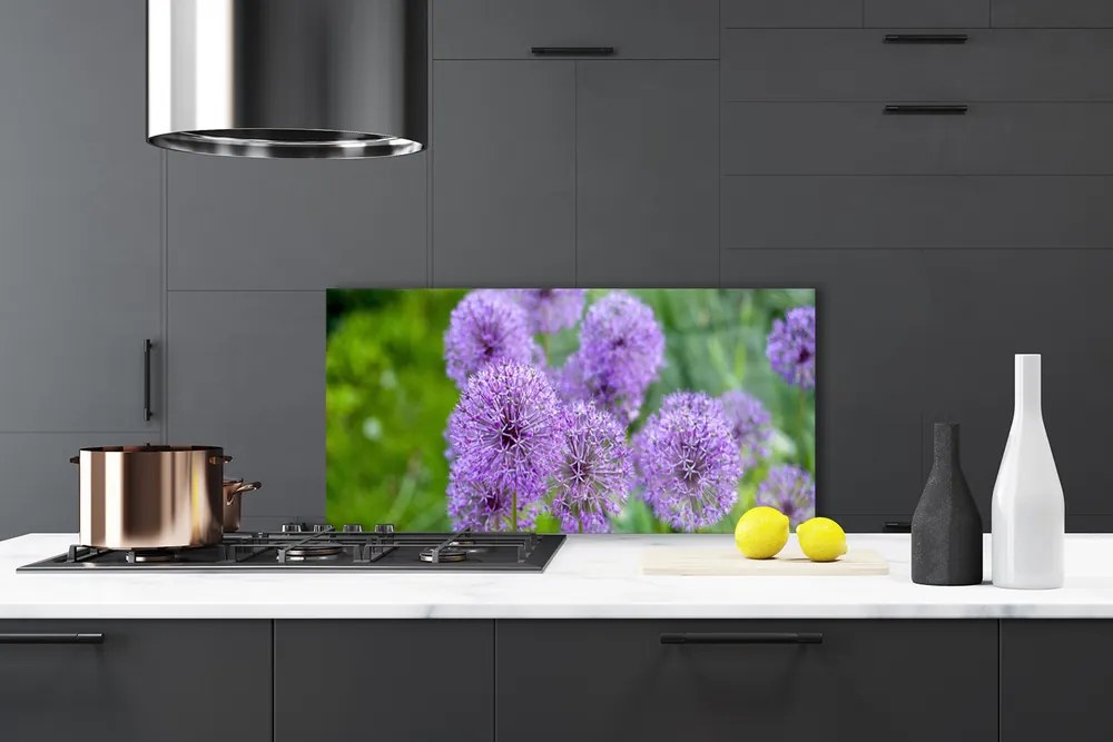 Panel Szklany do Kuchni Fioletowe Kwiaty Łąka