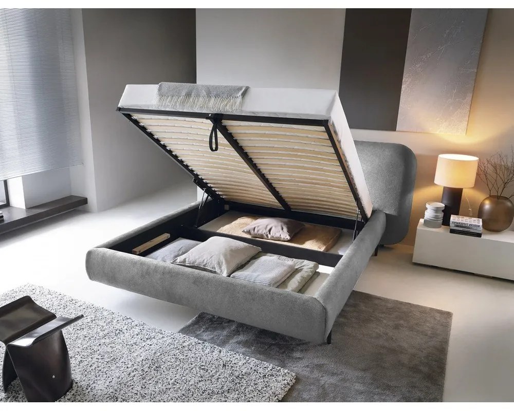 Szare tapicerowane łóżko dwuosobowe ze schowkiem ze stelażem 180x200 cm Pointt – ELTAP