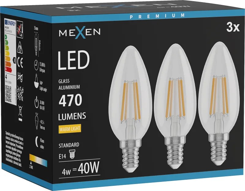 Mexen Vintis 3x żarówka filament LED E14, C35, 4W, Ciepła - 2700K, 470 lm, clear - L154-E14-0427-00x03