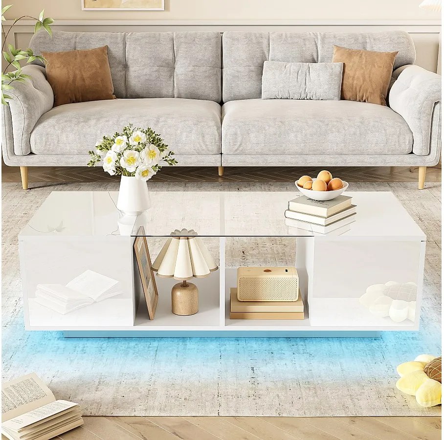 Biały stolik kawowy z oświetleniem LED i schowkiem – idealny do salonów i gabinetów