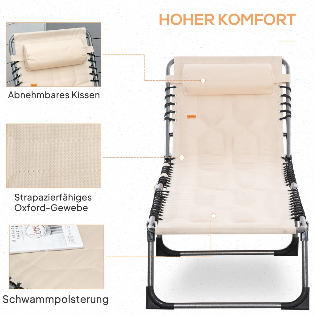 Leżanka składana Outsunny, ogrodowa z poduszką, z regulowanym oparciem na 5 pozycji, z tkaniny Oxford, 188 x 57 x 30 cm, Beżowa