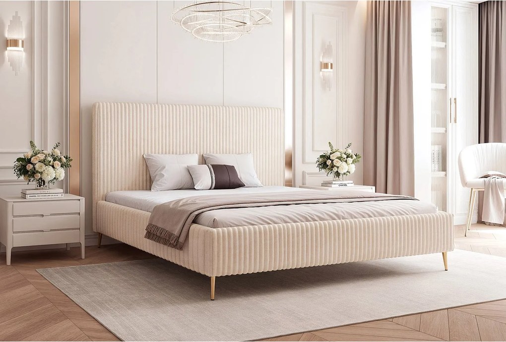 BESILIO Łóżko do sypialni 120x200 Vienna II - Łóżko z pojemnikiem, łóżko slim, wysokie złote nogi, stelaż listwowy - Tkanina miękki sztuks - Kremowy