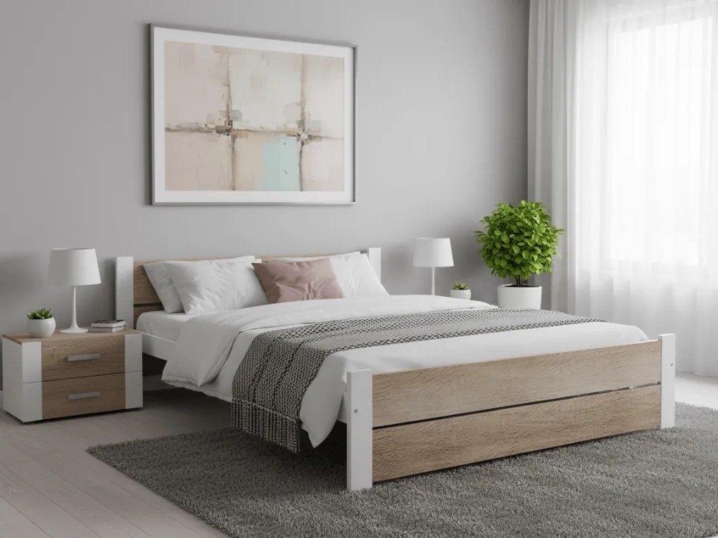 Łóżko IKAROS DOUBLE 160 x 200 cm, białe/dąb sonoma Stelaż: Ze stelażem listwowym rolowanym, Materac: Materac Sommera 18 cm