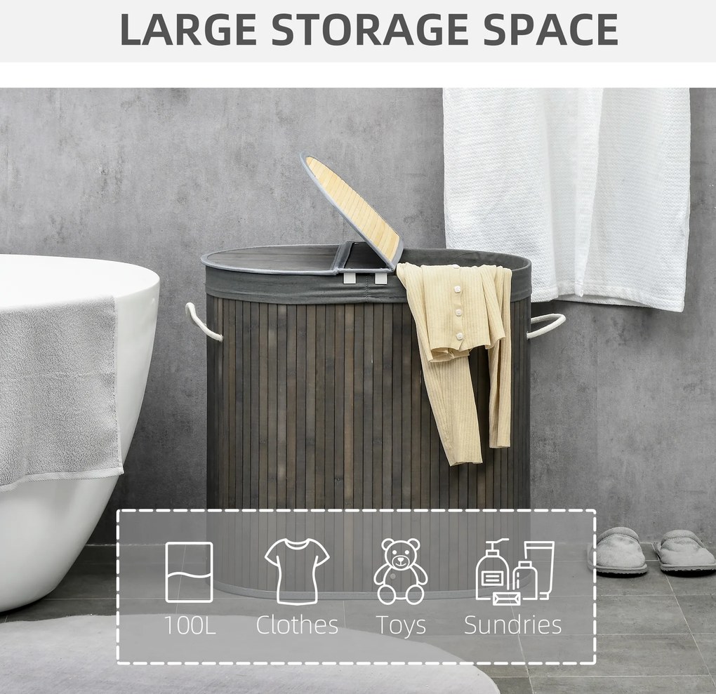 HOMCOM Kosz na bieliznę 100 L z pokrywą, uchwytem, 2 sekcje, wyjmowany worek na pranie, do sypialni, łazienki, wykonany z bambusa, szary