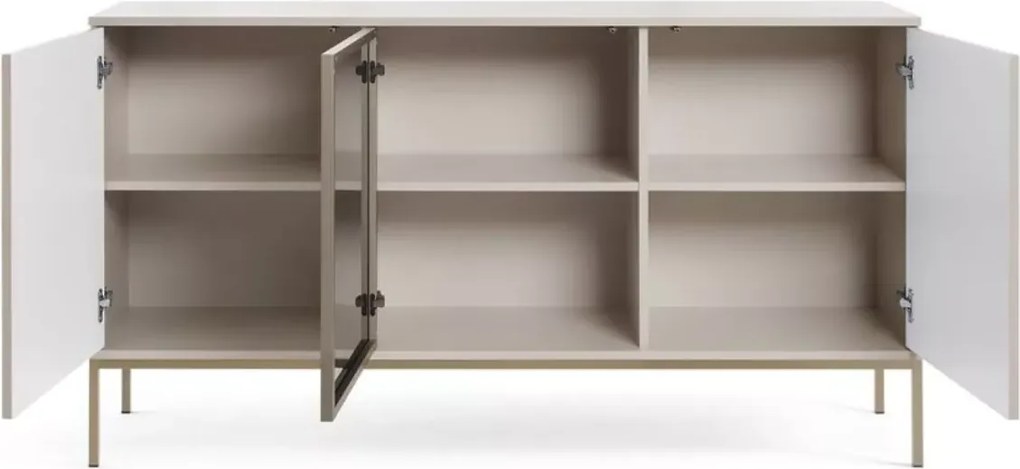 Komoda do salonu Shark 154 cm ryflowana nowoczesna LED szklane drzwi push-to-open metalowy stelaż minimalistyczna
