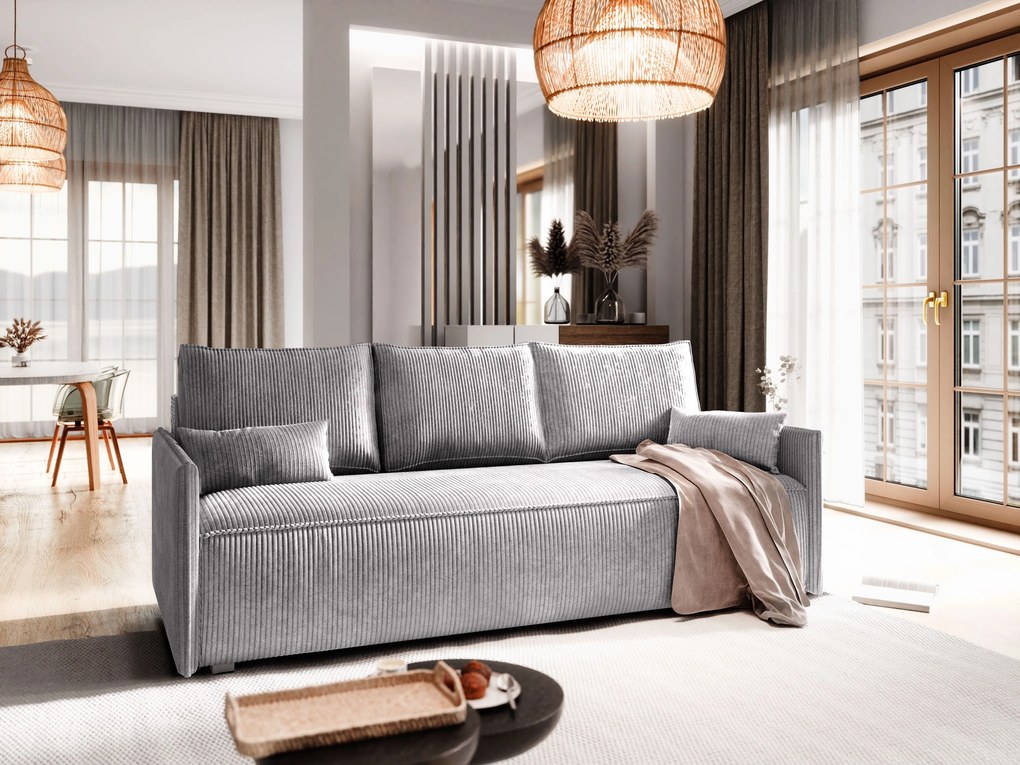 Masseno Sofa MESTOR z funkcją spania i pojemnikiem na pościel, Rozkładana sofa - Jasnoszary, POSO 55