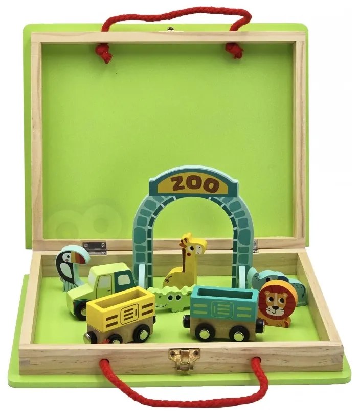 Tooky toy drewniany pociąg kolejka zoo ciuchcia na magnes tor w walizce