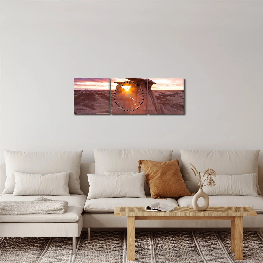 Obraz - zachód słońca na pustyni (z zegarem) (90x30 cm)