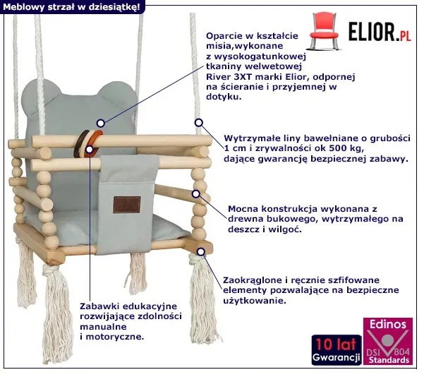 Drewniana huśtawka z welurowym oparciem srebrna N5-S48