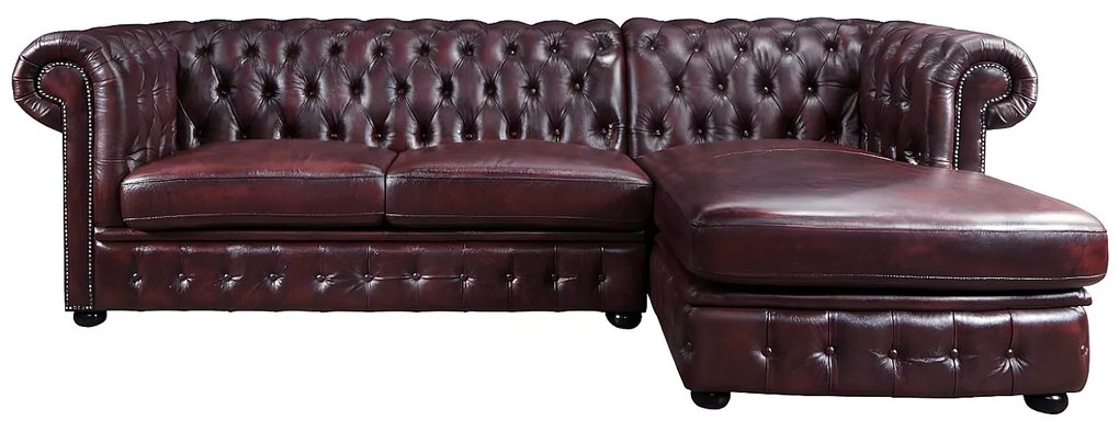 Kanapa narożna BRENTON ze 100% skóry bawolej Chesterfield - Wiśnia - narożnik prawostronny