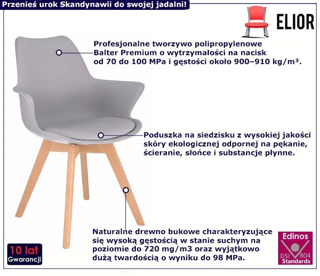 Szare minimalistyczne krzesło na bukowych nogach - Magela